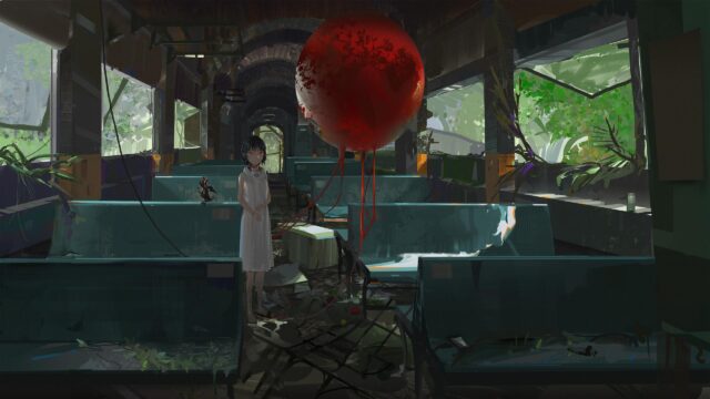 Anime Girl in Abandoned Train with Surreal Red Orb Desktop Wallpaper