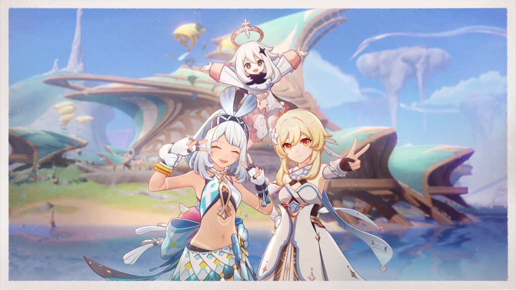 Genshin Impact Mualani Lumine and Paimon Adventure 4K Desktop Wallpaper