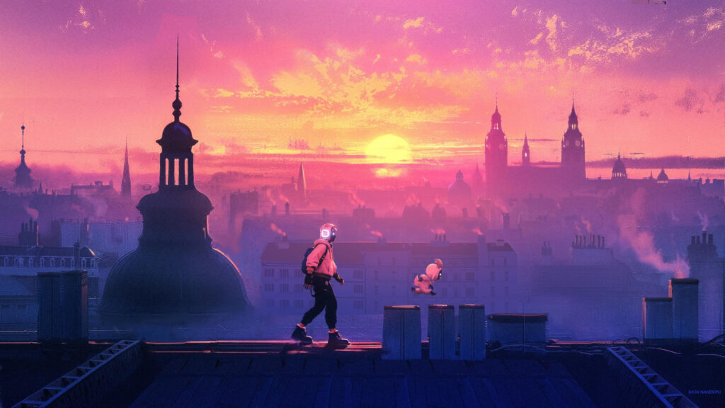 Futuristic Traveler Walking on Rooftop at Sunset PC Wallpaper
