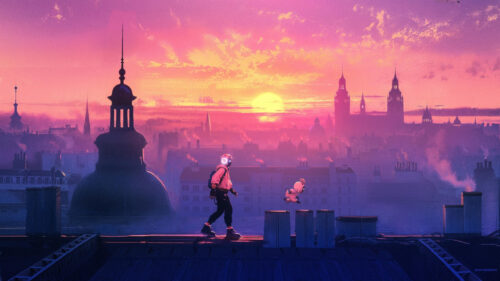 Futuristic Traveler Walking on Rooftop at Sunset PC Wallpaper