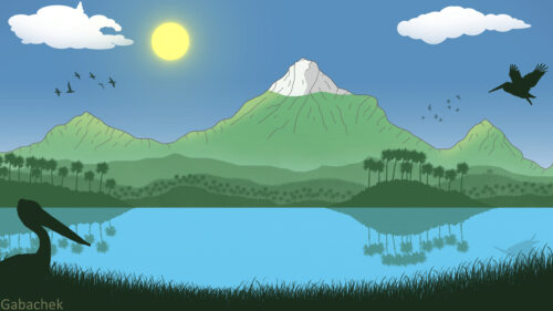 Minimalist Tropical Mountain Landscape with Pelicans and Clear Lake PC Wallpaper