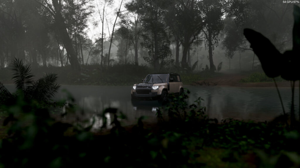 Land Rover Defender Off Roading in Misty Jungle Forest PC Wallpaper