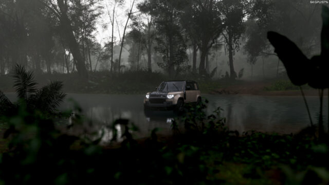 Land Rover Defender Off Roading in Misty Jungle Forest PC Wallpaper
