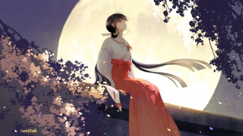 Anime Girl in Traditional Shrine Maiden Outfit Under Full Moon Desktop Wallpaper