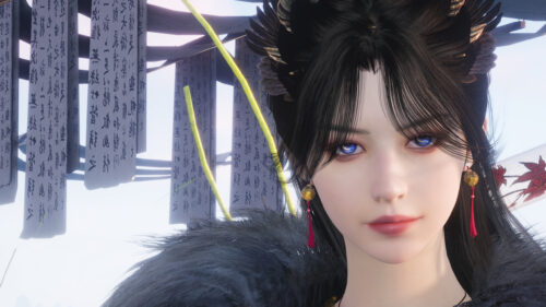 Beautiful Anime Girl with Enchanting Blue Eyes and Traditional Scrolls PC Wallpaper