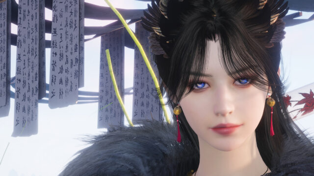 Beautiful Anime Girl with Enchanting Blue Eyes and Traditional Scrolls PC Wallpaper