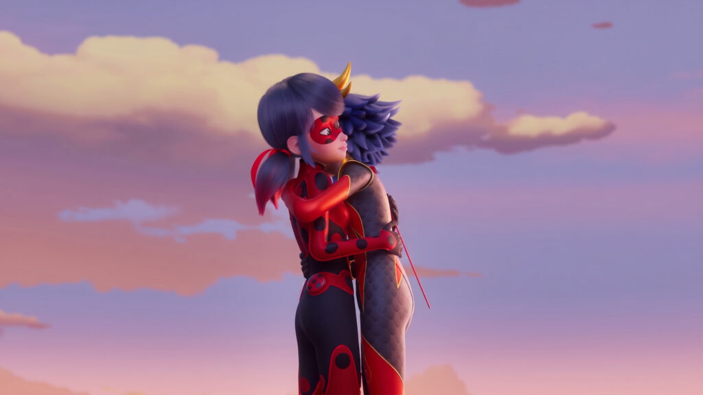 Ladybug and Cat Noir Romantic Hug at Sunset 4K Wallpaper