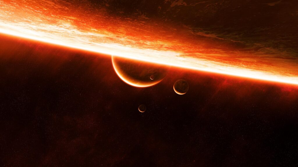 Epic Glowing Red Space Nebula and Planets 4K Desktop Wallpaper