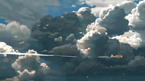 Stunning Anime Style Airplane Flying Through Dramatic Storm Clouds Desktop Wallpaper