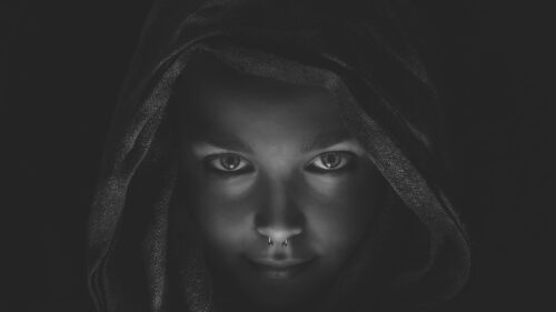 Mysterious Woman in Hood Portrait Black and White Desktop Wallpaper
