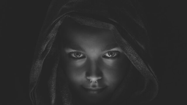 Mysterious Woman in Hood Portrait Black and White Desktop Wallpaper