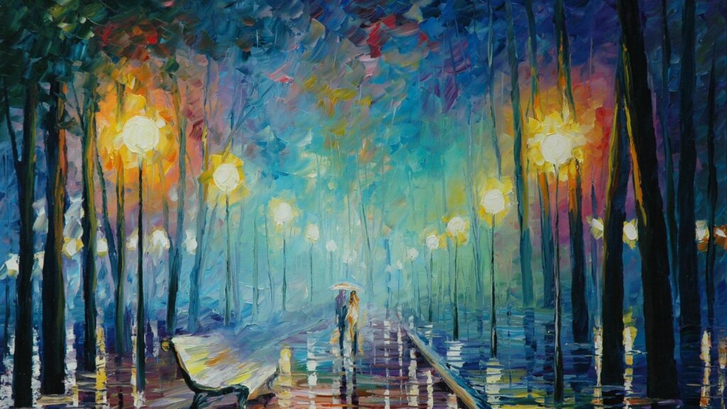 Romantic Couple Walking in Rainy Park Oil Painting Desktop Wallpaper