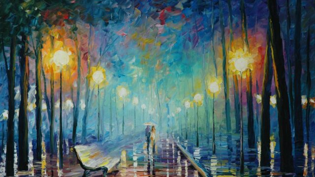 Romantic Couple Walking in Rainy Park Oil Painting Desktop Wallpaper