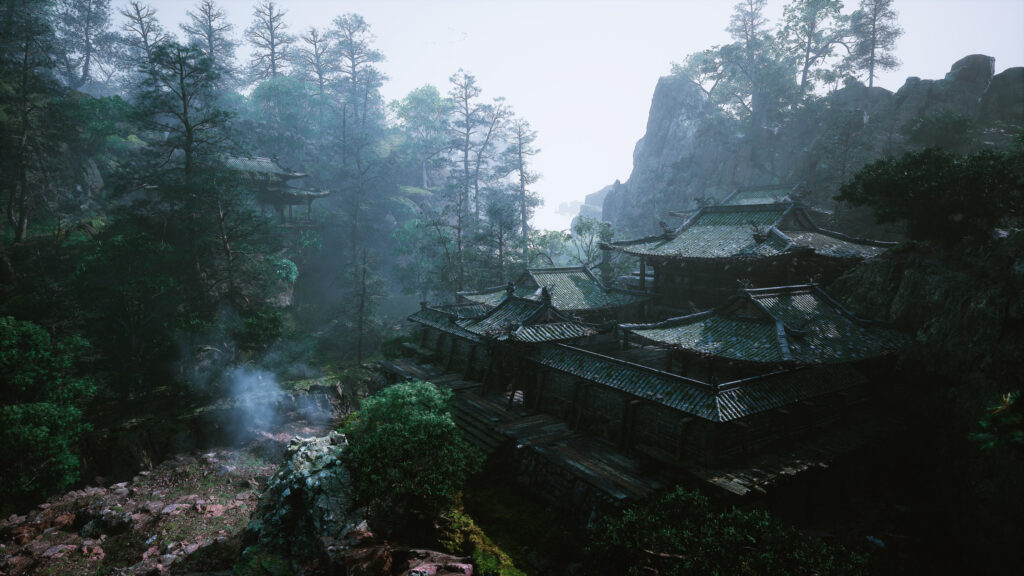 Misty Mountain Ancient Asian Temple Forest Landscape PC Wallpaper