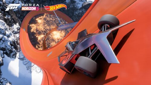 Forza Horizon 5 Hot Wheels Racing Car on Orange Track Desktop Wallpaper