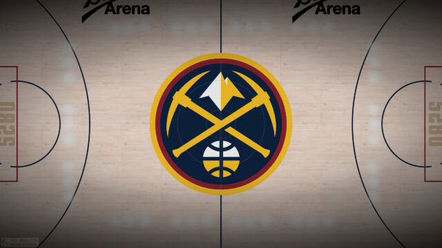 Denver Nuggets Logo on Basketball Court Floor 4K PC Wallpaper