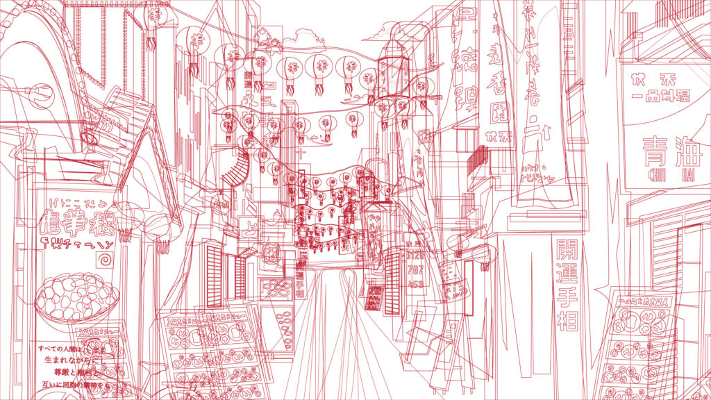 Abstract Japanese Streetscape Line Art Red Minimalist 4K Wallpaper