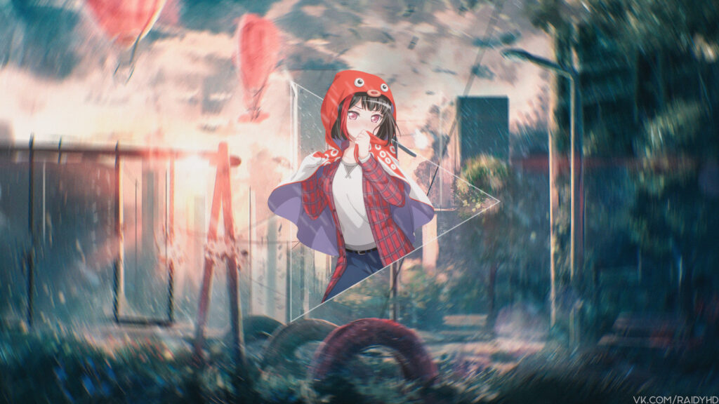 Anime Girl in Red Octopus Hoodie Rainy Park Aesthetic PC Wallpaper