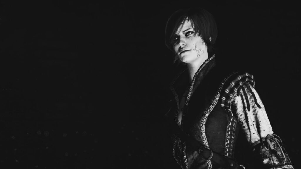 Black and White Portrait of a Fierce Female Warrior in Fantasy Armor 4K Wallpaper