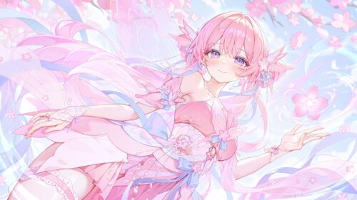 Beautiful Anime Girl With Pink Hair and Cherry Blossoms 4K Wallpaper