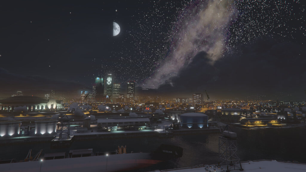 Los Santos Snowy Cityscape at Night with Milky Way Galaxy 4K Wallpaper