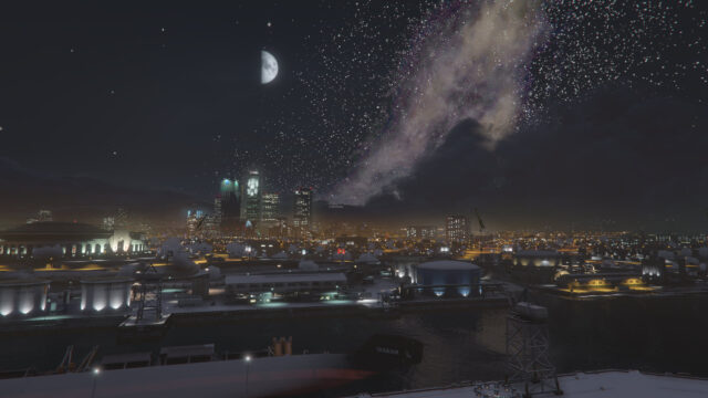 Los Santos Snowy Cityscape at Night with Milky Way Galaxy 4K Wallpaper