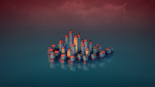 Minimalist Floating Fantasy Town Digital Art Desktop Wallpaper