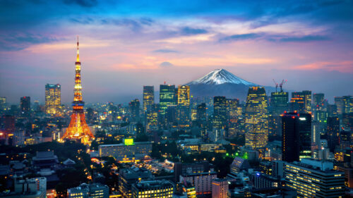 Tokyo Cityscape with Tokyo Tower and Mount Fuji Sunset 4K Wallpaper