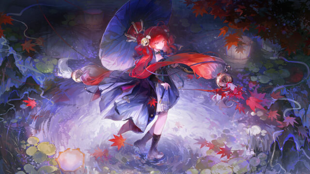 Anime Girl with Red Hair and Blue Umbrella in Autumn Pond 4K Wallpaper