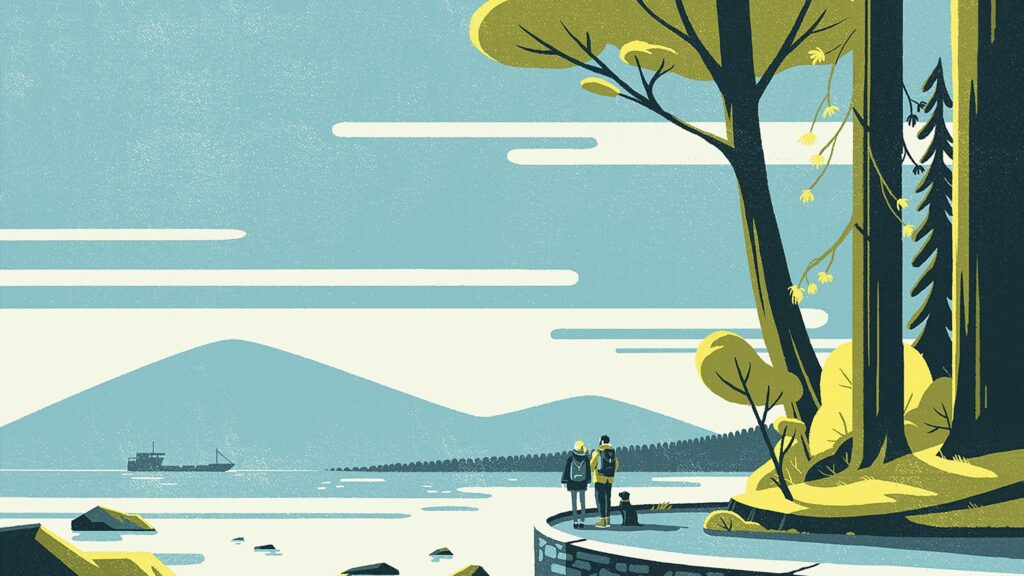 Minimalist Couple Hiking with Dog by the Lake PC Wallpaper