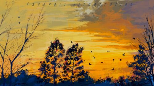 Stunning Golden Sunset Digital Painting with Flying Birds Desktop Wallpaper