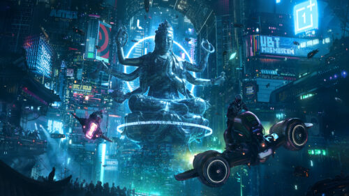 Cyberpunk City with Holographic Buddha Statue Desktop Wallpaper
