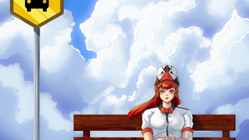 Anime Girl Waiting at Bus Stop Under Blue Sky PC Wallpaper