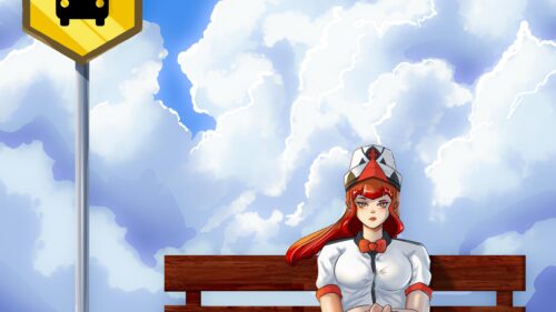Anime Girl Waiting at Bus Stop Under Blue Sky PC Wallpaper