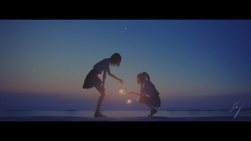 Anime Girls Playing with Sparklers at Twilight PC Wallpaper