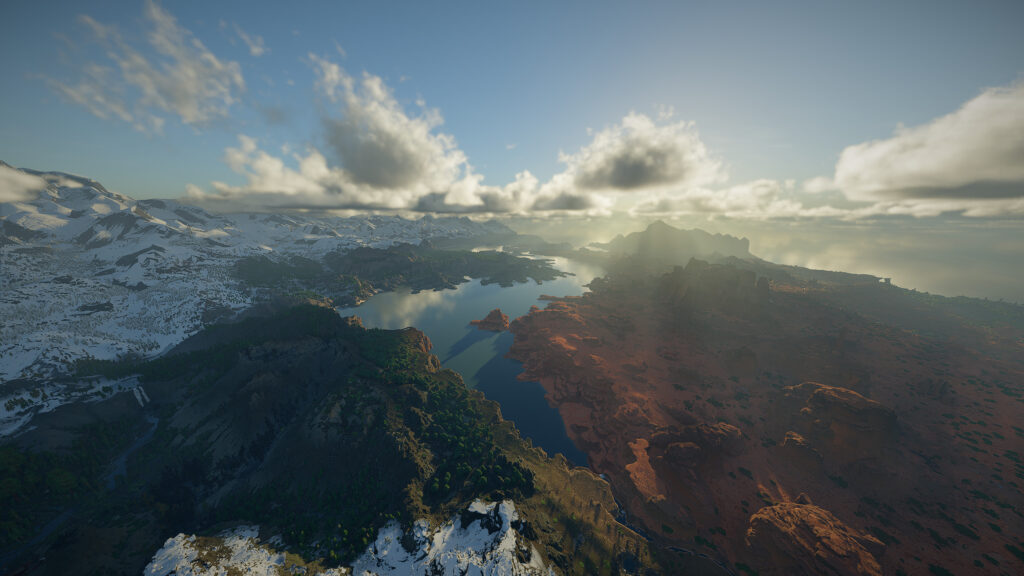 Breathtaking Aerial View of Contrast Landscape with Snowy Mountains and Red Desert 4K Wallpaper