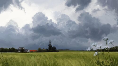 Stormy Rural Landscape with Green Field and Dramatic Sky PC Wallpaper