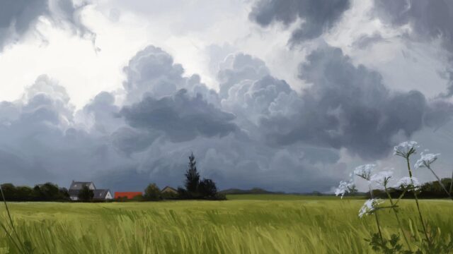 Stormy Rural Landscape with Green Field and Dramatic Sky PC Wallpaper