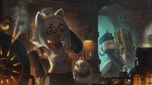 Anime Girls Working in a Steampunk Workshop 4K Wallpaper