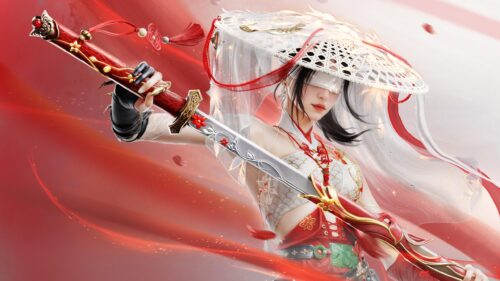 Elegant Blindfolded Swordswoman with Traditional Chinese Attire PC Wallpaper