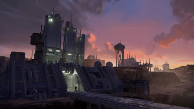 Futuristic Industrial Outpost at Sunset Sci-Fi Landscape 4K Wallpaper