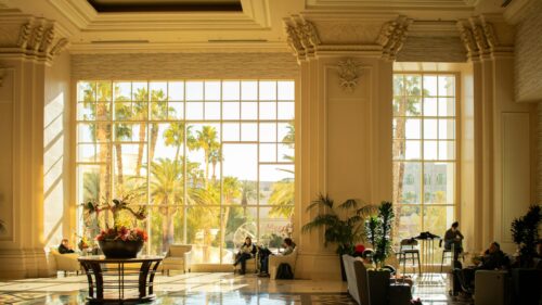 Luxurious Hotel Lobby with Golden Sunlight 4K Desktop Wallpaper