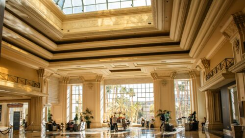 Elegant Luxury Hotel Lobby Interior with Grand Skylight PC Wallpaper