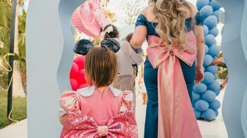 Little Girl and Mom in Pink Party Dresses Desktop Wallpaper