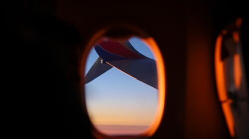 Stunning Southwest Airplane Wing at Sunset Desktop Wallpaper
