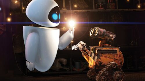 Wall-E and Eve Holding Hands Under the Starry Galaxy Sky 4K Desktop Wallpaper