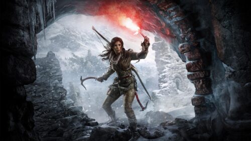 Lara Croft Exploring Snowy Ruins with Flare Rise of the Tomb Raider 4K Wallpaper