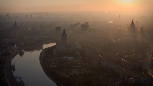 Aerial View of Moscow Cityscape at Sunset 4K Wallpaper