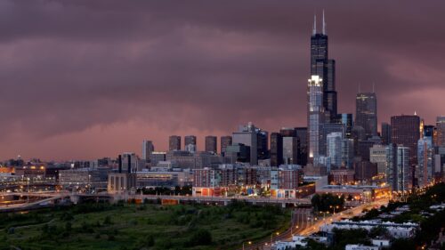 Dramatic Chicago Skyline at Twilight Moody Stormy Sky PC Wallpaper