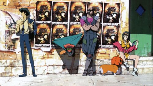 Cowboy Bebop Crew Standing Against Movie Poster Wall 4K Wallpaper